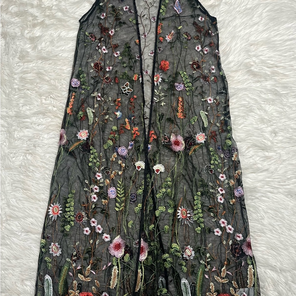Black Sheer Embroidered Tulle Mesh Long Duster Floral Open Front Topper Vest - Picture 7 of 13